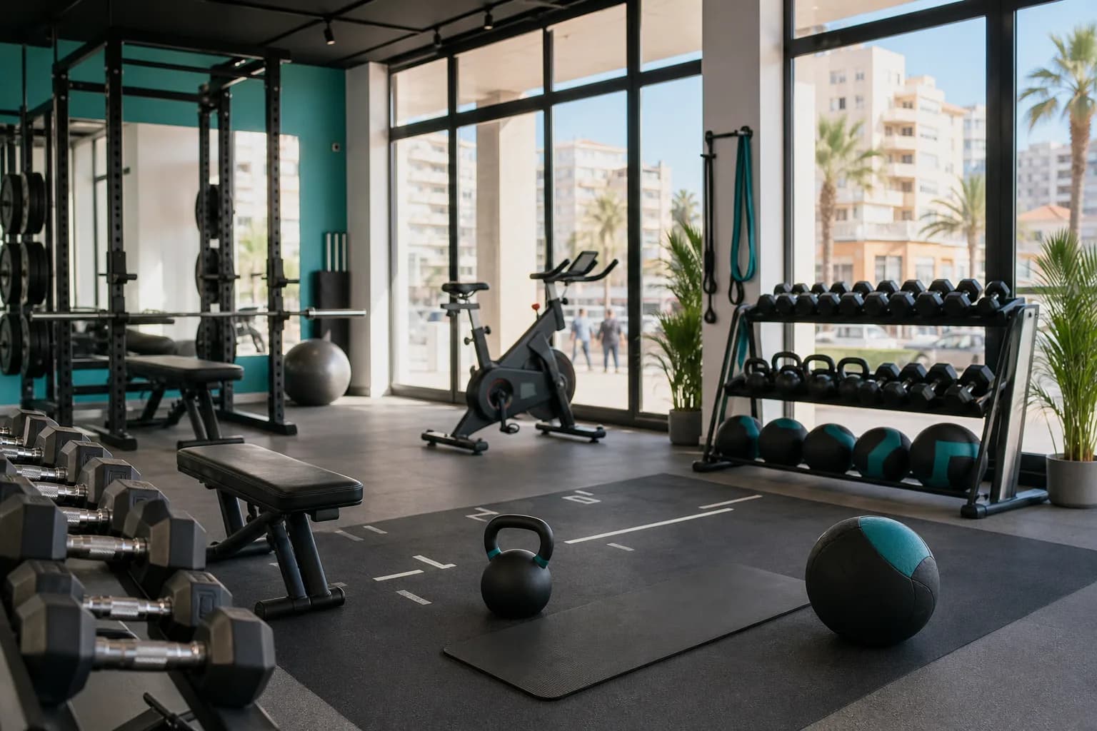 Gimnasio moderno con pesas y zona funcional